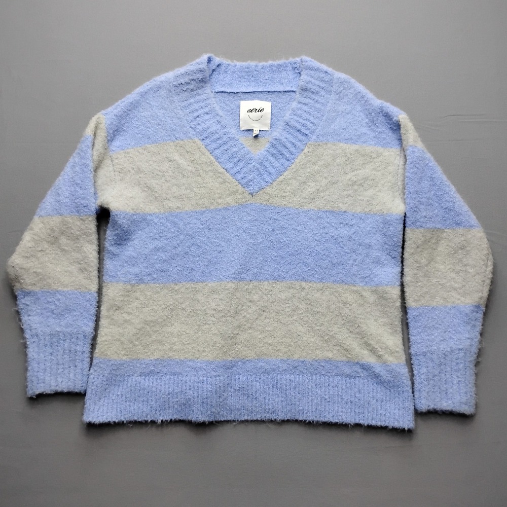 Aerie Womens Medium Blue Gray Striped V-Neck Fuzzy Boucle Knit Sweater